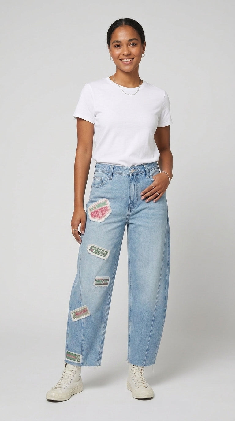 Racer Patchwork Barrel Jeans