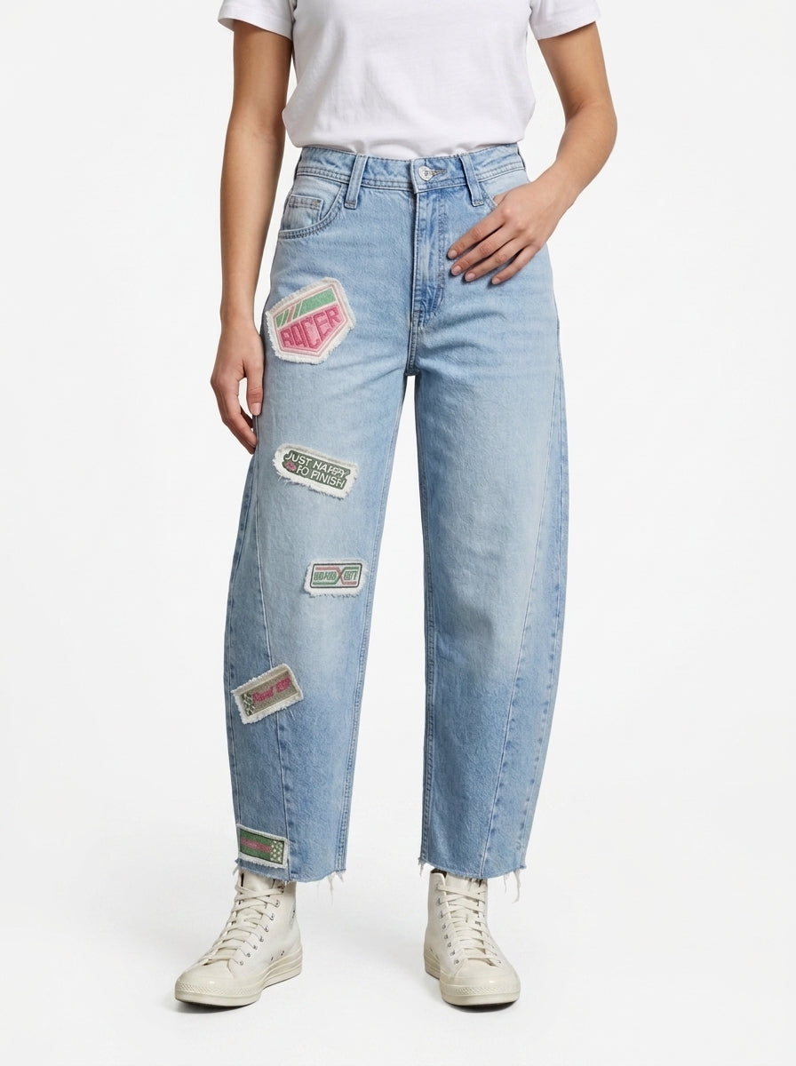 Racer Patchwork Barrel Jeans